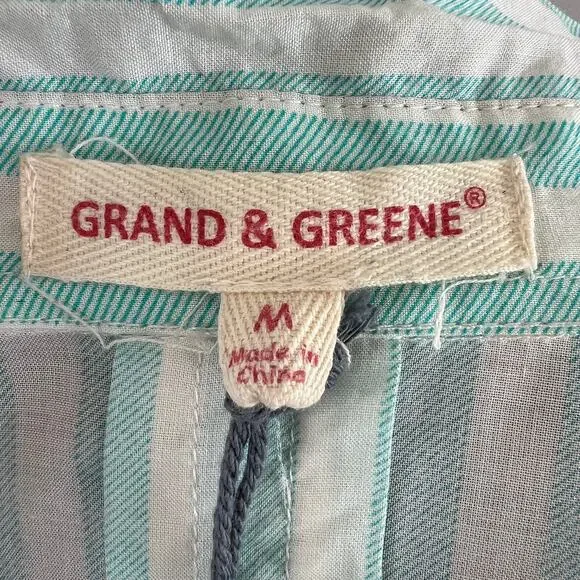 Grand & Green Green White Top Rayon Striped Pleated Button-Up Size Medium M - Picture 7 of 9